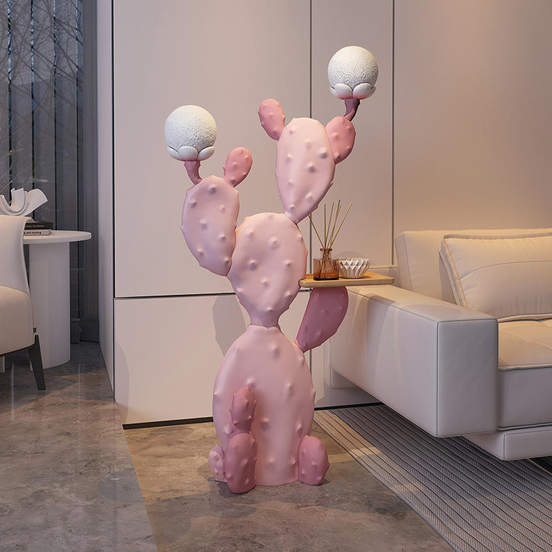 Pink Resin Cactus Floor Lamp with 2 Globe Lights and Tray