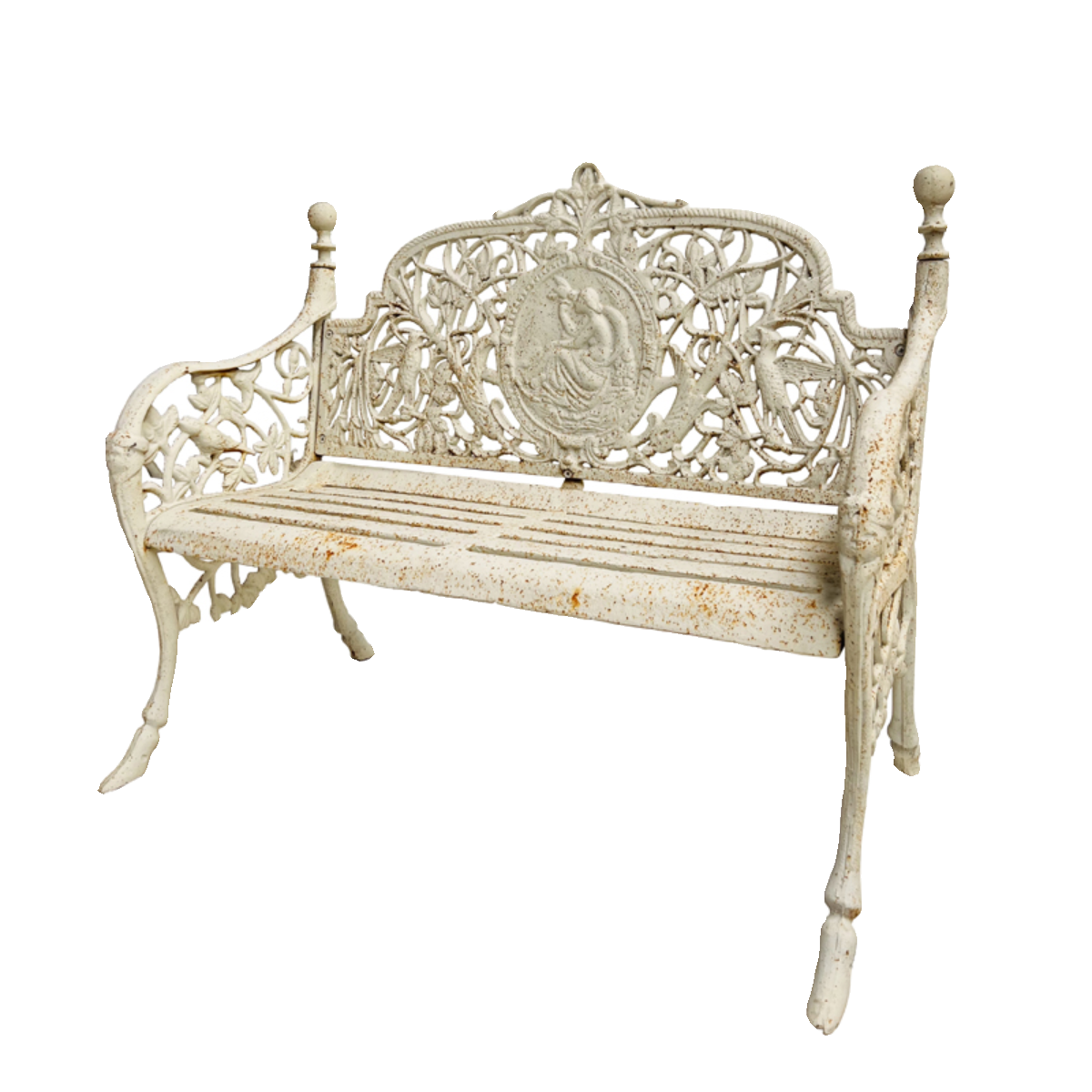 Distressed Ivory Cast Iron Garden Bench, Ornate 2-Person Outdoor Loveseat with Floral Scrollwork and Classical Figure Medallion for Patio, Balcony, Porch and Courtyard
