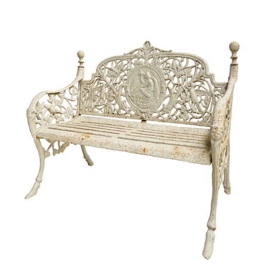 Distressed Ivory Cast Iron Garden Bench, Ornate 2-Person Outdoor Loveseat with Floral Scrollwork and Classical Figure Medallion for Patio, Balcony, Porch and Courtyard