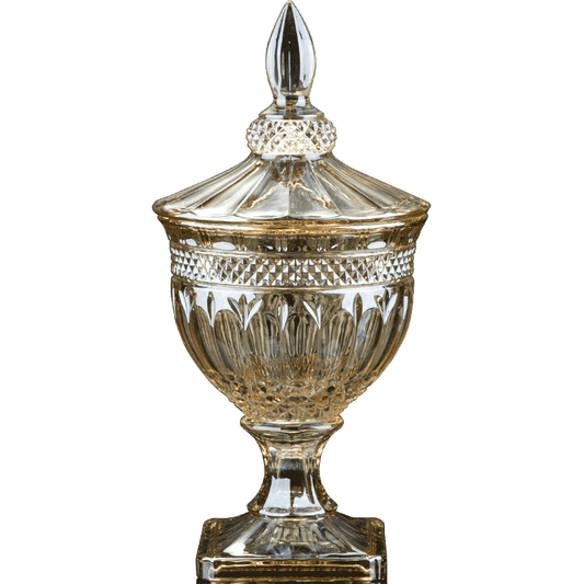 Amber Glass Candy Jar with Lid, Large Decorative Apothecary Jar, Crown Embossed Pedestal Storage Canister for Candy, Cookies, Dry Fruit, Coffee Bar, Kitchen Counter, Dining Table Decor