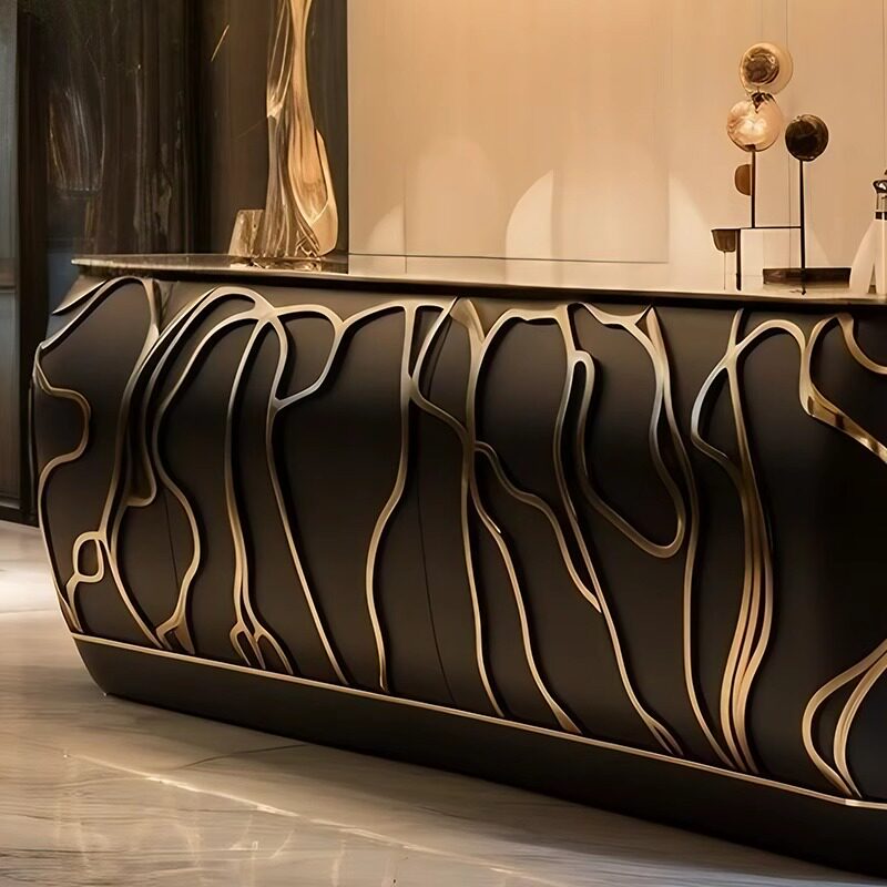 Black and Gold Abstract Sideboard Cabinet, Modern Luxury Credenza with Sculptural Pattern Front, Low Buffet Storage Cabinet for Dining Room, Living Room, Entryway and Hotel Decor