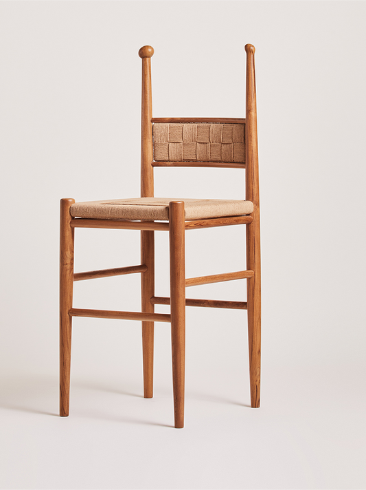Woven Bar Stool Chair, Seat Height Solid Wood Bar Chair with Handwoven Rope Seat and Backrest, Natural Wood High Back Kitchen Island Chair for Home Bar, Cafe, Dining Room, and Breakfast Counter
