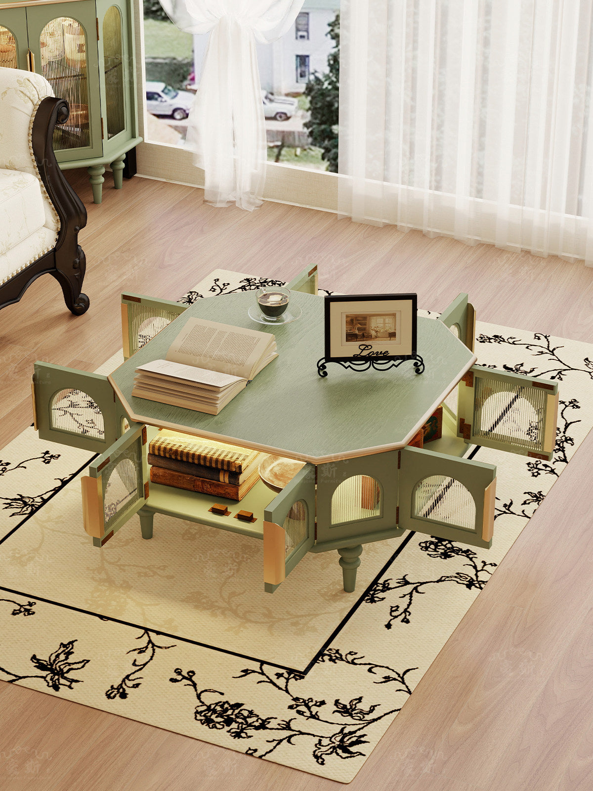 Moss Green Hexagon Coffee Table with Storage Doors, Solid Wood Frame