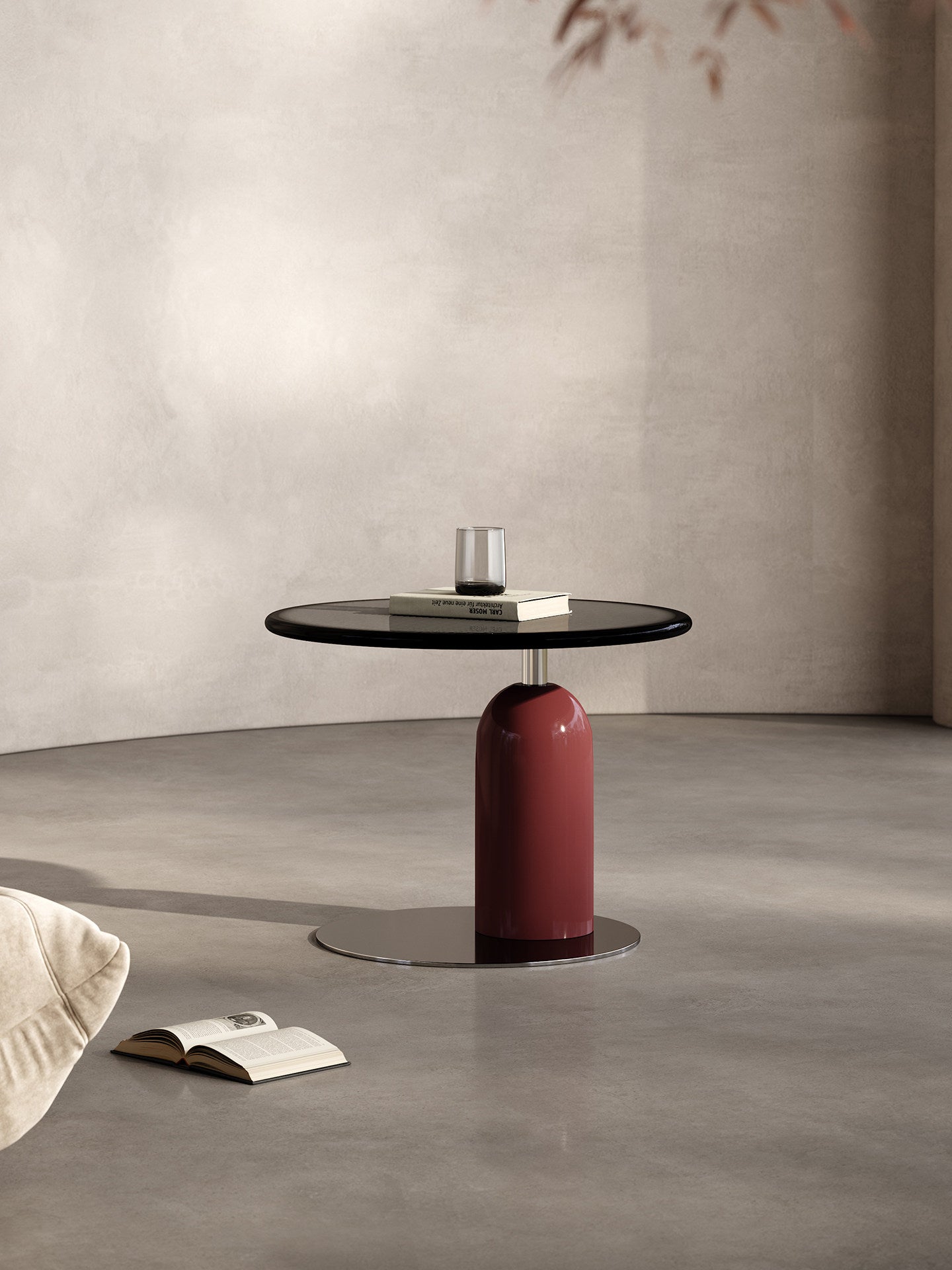 Modern Round Side Table, High Gloss Piano Lacquer Accent Table with Black Top and Red Pedestal Base, Small Sofa End Table for Living Room, Bedroom, Lounge, Apartment