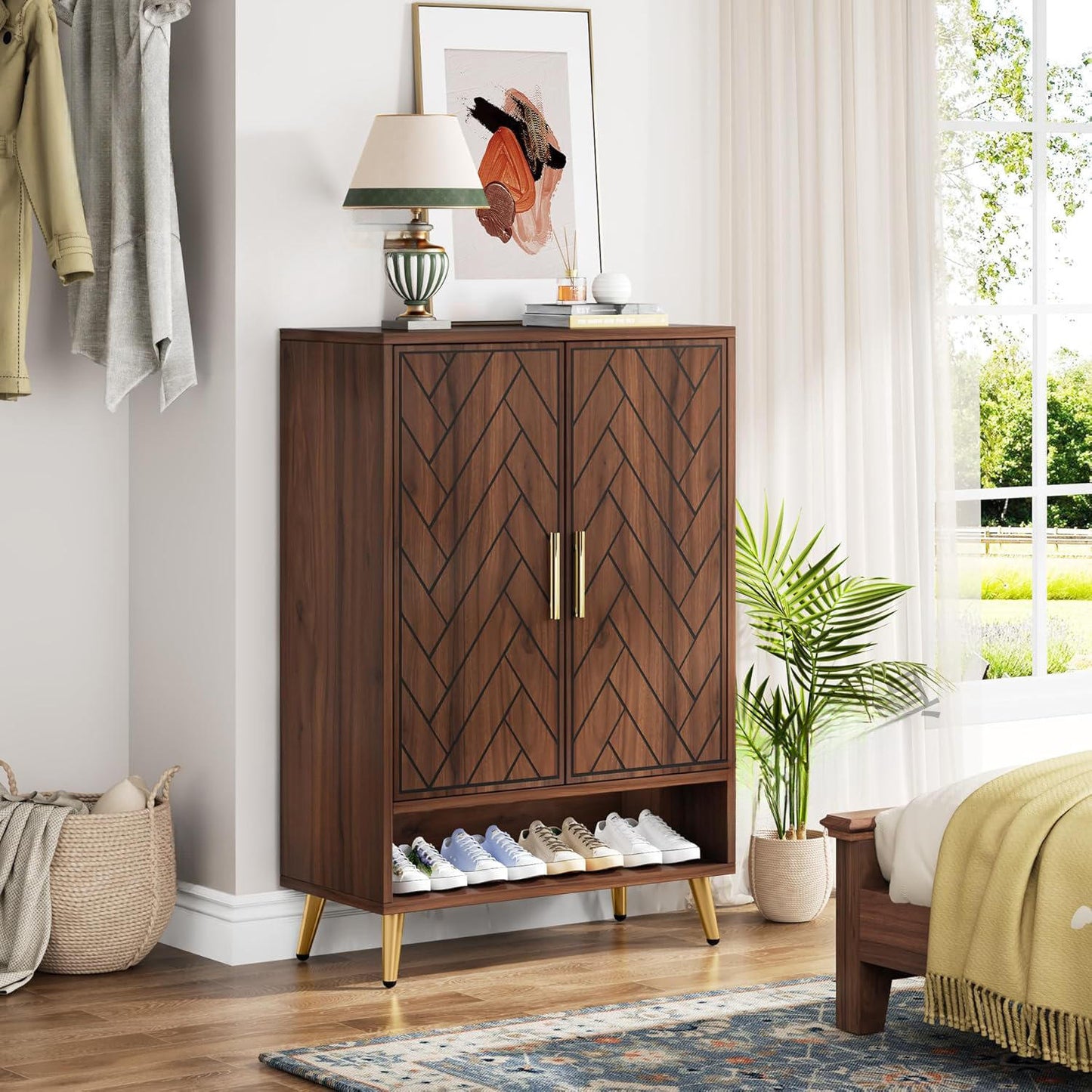Walnut Shoe Storage Cabinet with Doors for Entryway