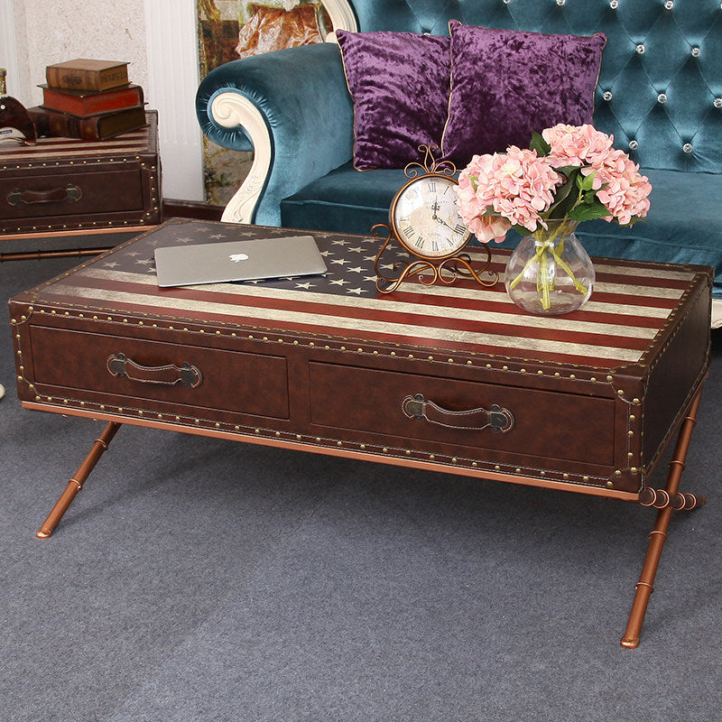 Vintage American Flag Coffee Table with Storage Drawers, Rustic Industrial Rectangular Wood Cocktail Table, Loft Style Living Room Center Table with Nailhead Trim and Metal Legs