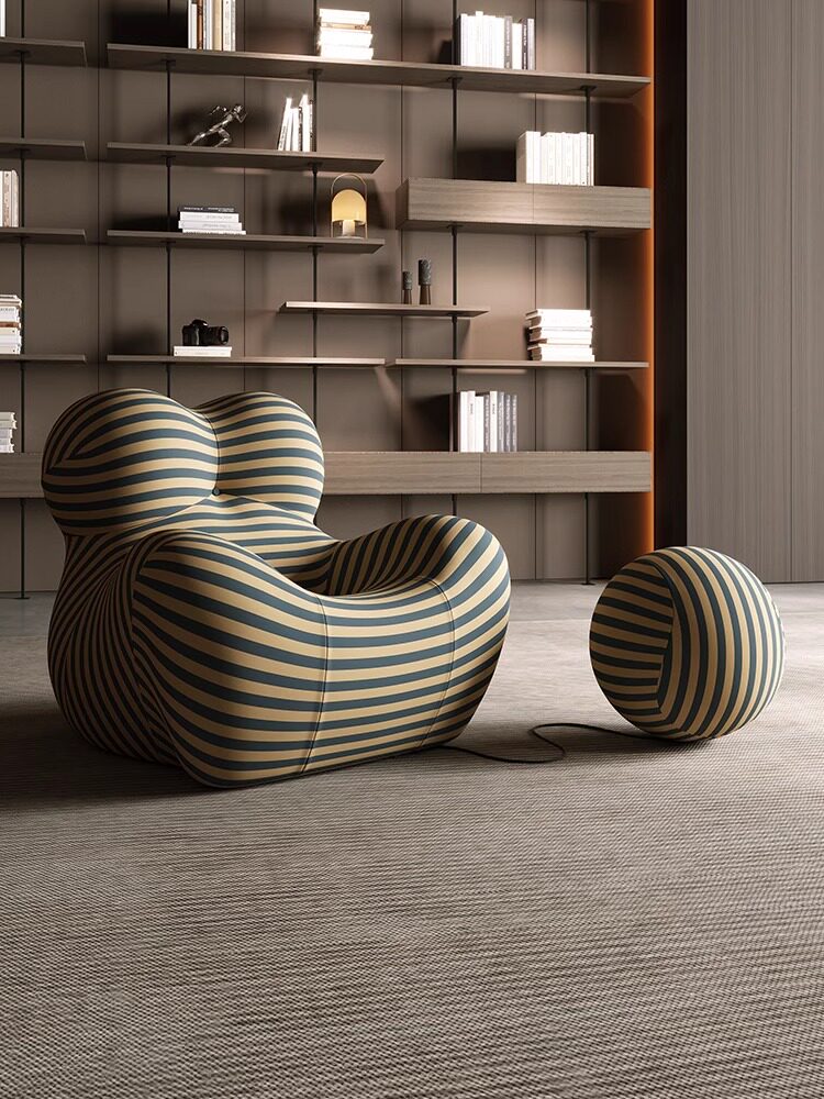 Oversized Striped Lounge Chair with Ball Ottoman, Blue and Beige