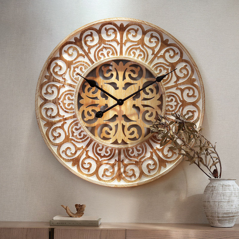 Carved Wooden Wall Clock, Moroccan Style Round Decor