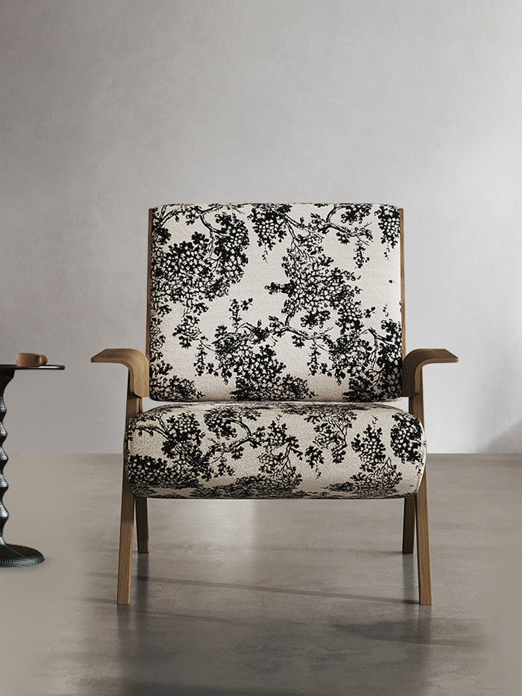 Black and White Floral Accent Chair, Mid Century Upholstered Lounge Chair with Solid Wood Arms for Living Room, Bedroom, Reading Nook and Hotel Lounge