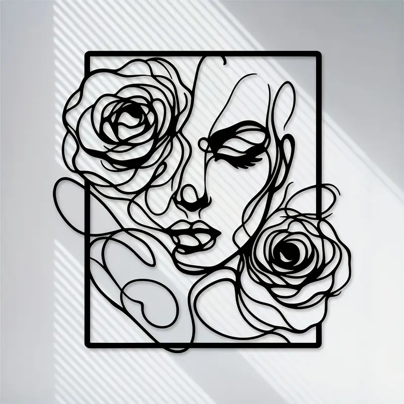 Black Metal Woman Face Wall Art with Roses, Modern Female Line Art Wall Decor, Minimalist Floral Portrait Wall Hanging for Beauty Salon, Bedroom, Living Room, Spa, Vanity Room