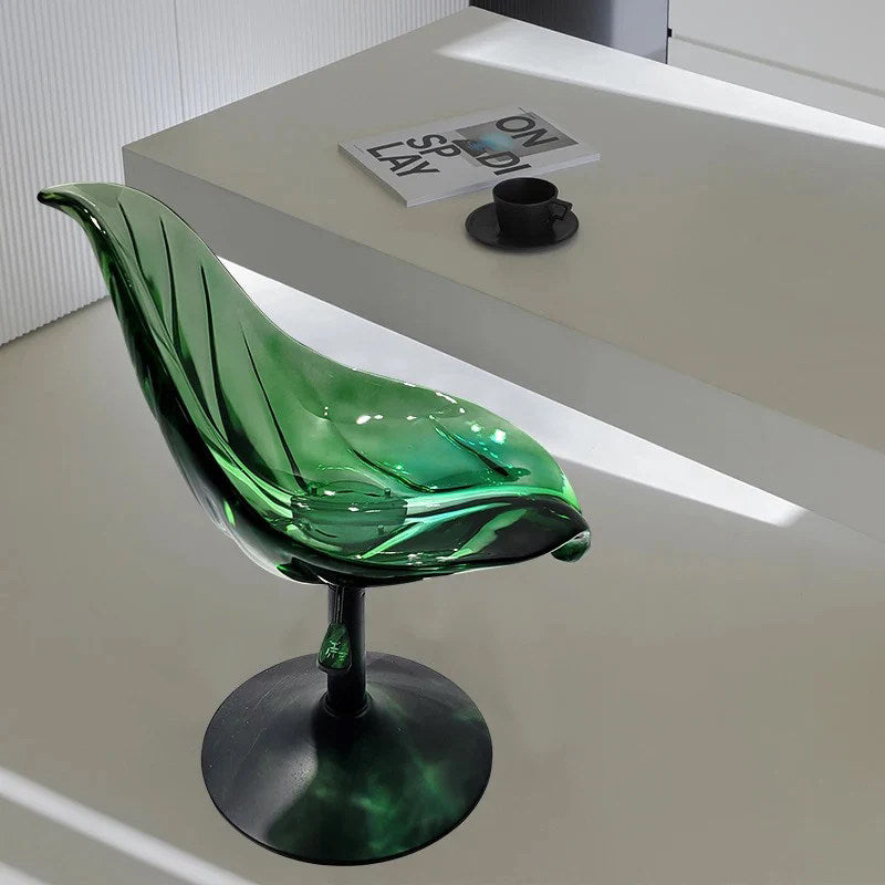 Transparent Green Resin Leaf Accent Chair, Adjustable-Height Sculptural Pedestal Seat with Botanical Vein Backrest for Living Room, Vanity, Hotel Lounge and Covered Patio