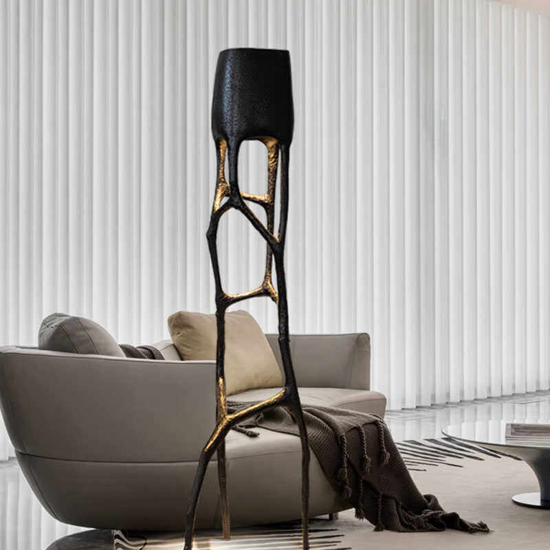 Modern Sculptural LED Floor Lamp, Tree Hollow Standing Light with Integrated Warm Ambient Glow and Matte Black Fiberglass Body for Living Room, Hotel Lobby or Showroom