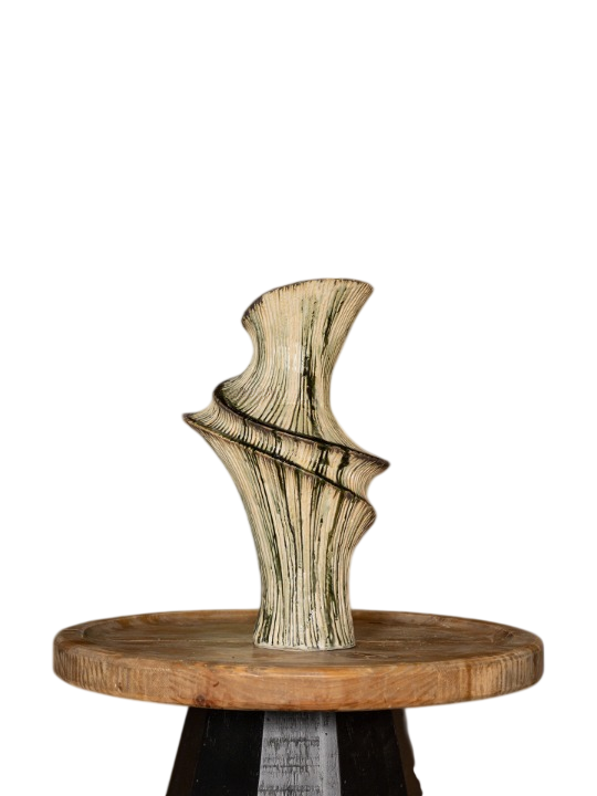 Sculptural Green Ceramic Vase, Tall Abstract Flower Vessel for Table Decor