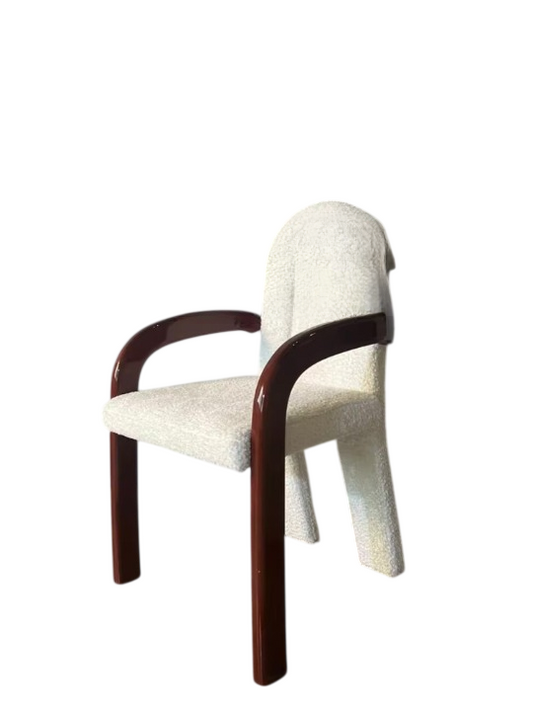 Cream Boucle Dining Chair with Curved Wood Arms, Upholstered Accent Armchair with Dark Brown Frame, Modern Vintage Dining Room Chair for Kitchen, Cafe, Study Desk, Bedroom, Living Room, and Small Spaces