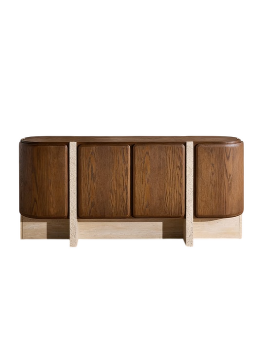 Travertine and Wood Sideboard Cabinet, Modern Buffet Storage Cabinet with Rounded Doors, Dining Room Credenza, Living Room Accent Cabinet, Entryway Cabinet and TV Console