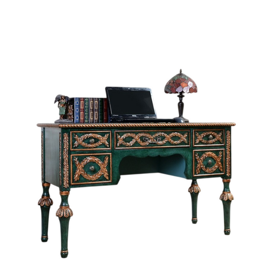 Green Solid Wood Writing Desk with 5 Drawers and Gold Accents