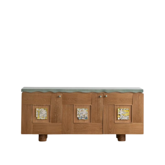 Solid Wood Sideboard Cabinet, French Vintage Buffet Storage Cabinet with Natural Wood Finish and Decorative Tile Inlay Doors, 63 Inch Console Cabinet for Living Room, Dining Room, Entryway and Hallway