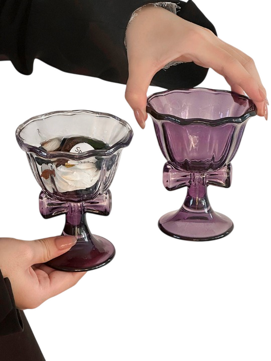 Bow Stem Dessert Cups Set of 2, Purple and Clear Footed Glass Bowls with Scalloped Rims for Ice Cream, Sundaes, Fruit, Parfaits, Pudding and Party Drinks