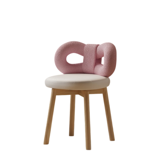 Pink 360° Swivel Vanity Chair with Bow Backrest, Sherpa Upholstered Makeup Stool with Padded Leather-Look Seat and Solid Wood Legs for Bedroom or Dressing Room