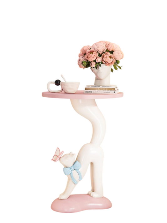 Pink Resin and Wood Cat Side Table, French Vintage Style Round Accent End Table with Bow Detail, Sculptural Kitten Pedestal Bedside Table for Bedroom, Living Room, Sofa Side and Nursery