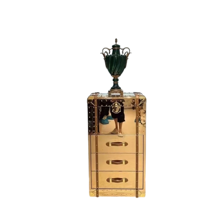 Gold Mirrored 3-Drawer Accent Cabinet with Flip-Top Storage
