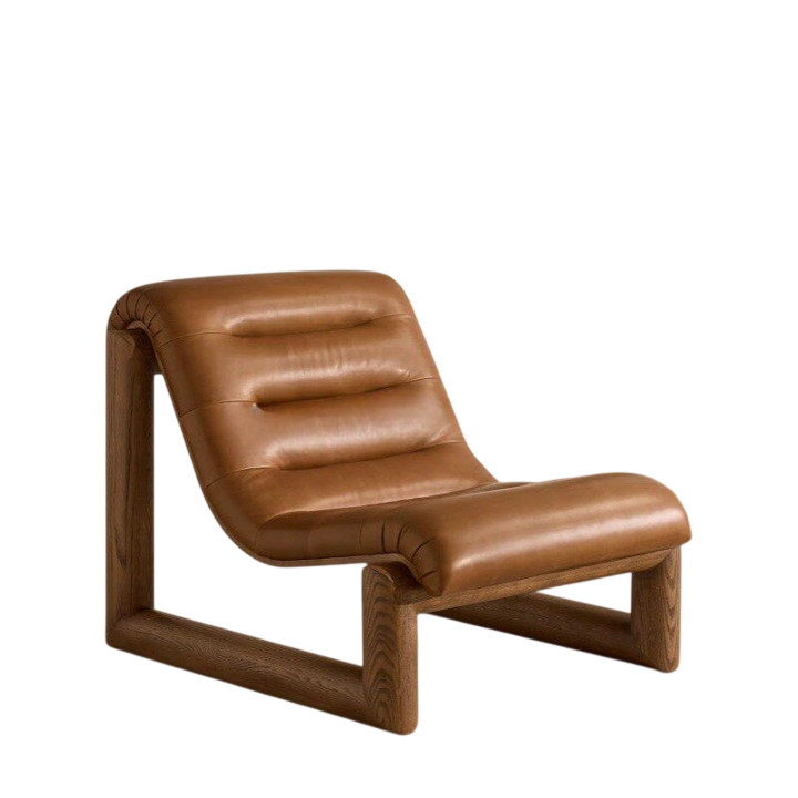 Brown Leather Lounge Chair, Low Profile Accent Chair with Solid Wood Sled Frame for Living Room, Bedroom, Hotel, Villa, Reading Corner