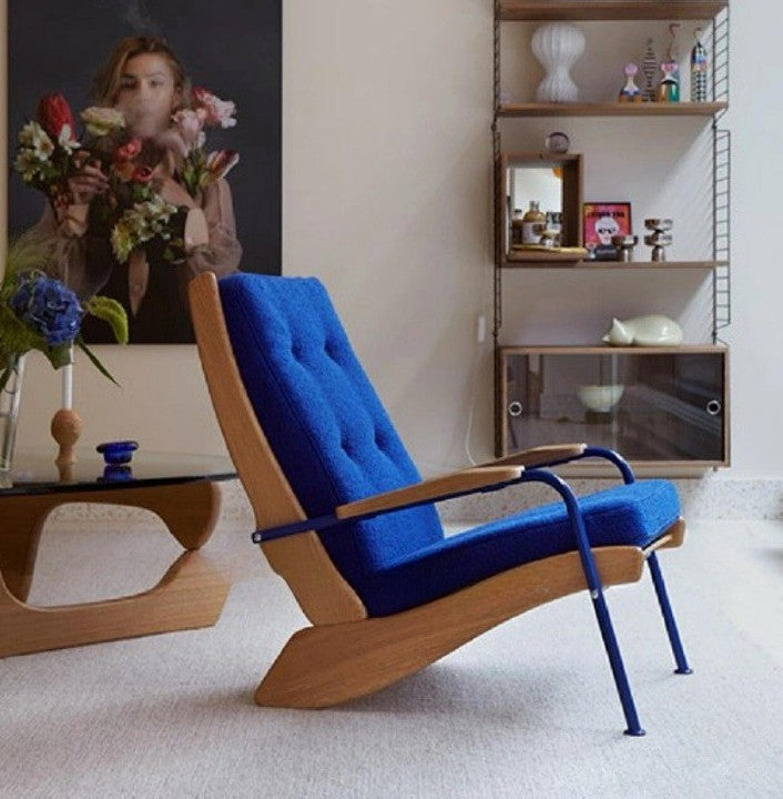 Blue Fabric Lounge Chair, Scandinavian Wood and Metal Accent Recliner Chair with Ash Wood Frame, Modern Single Leisure Chair for Living Room, Bedroom, Balcony, Reading Nook and Small Spaces