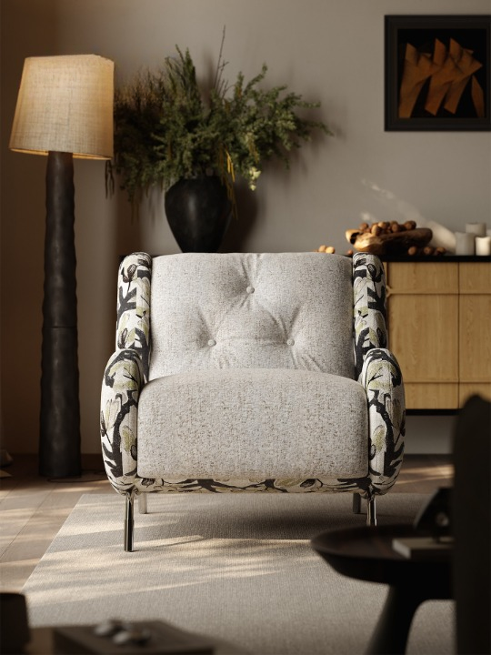 Cream Floral Jacquard Accent Chair with Padded Arms and Metal Legs
