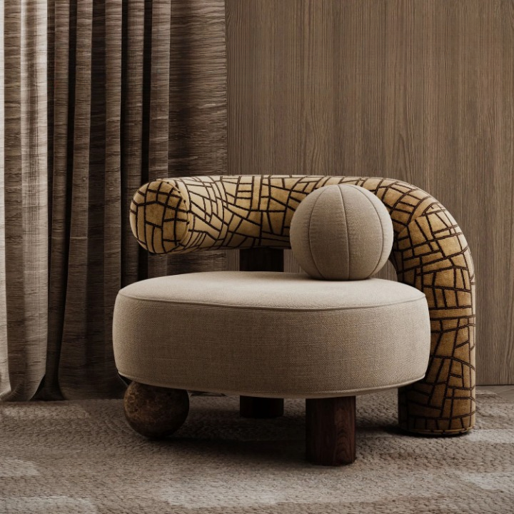 Beige Linen Sculptural Curved Back Accent Chair for Living Room