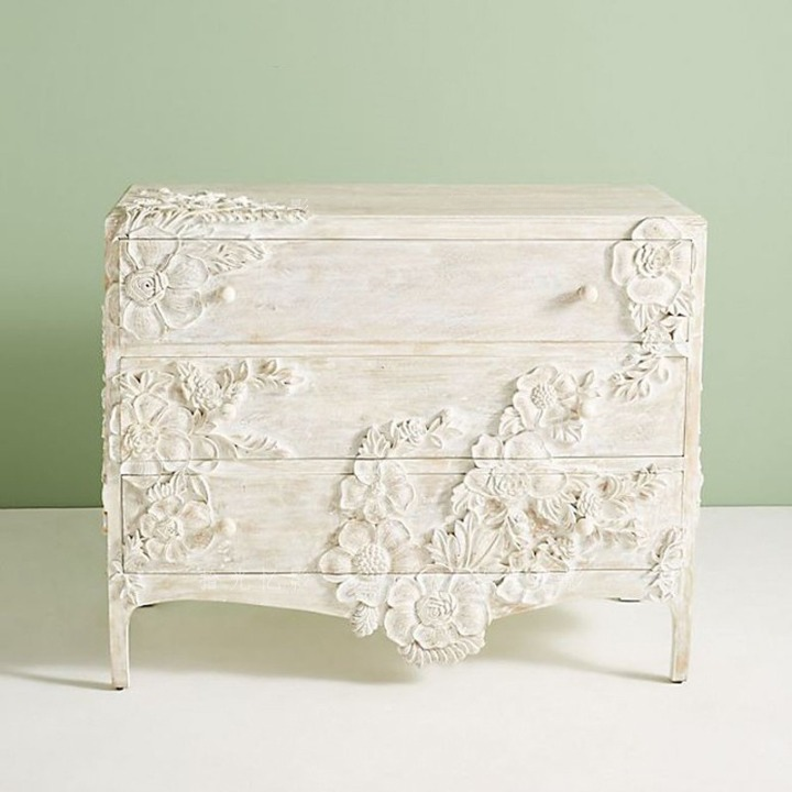 Whitewashed Floral Carved 3-Drawer Dresser Chest