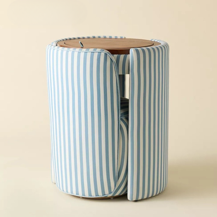 Blue and White Stripe Makeup Vanity Set with Mirror and Nesting Stool