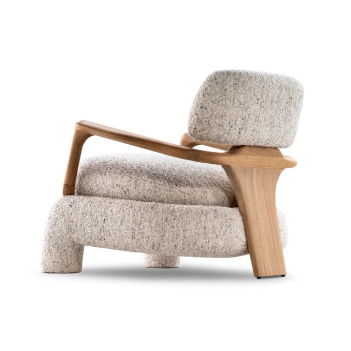 Gray White Boucle Accent Chair with Solid Wood Arms for Living Room