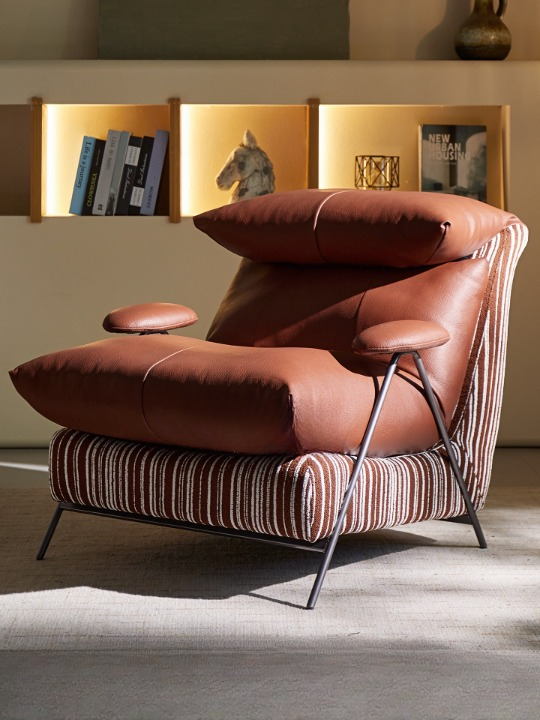 Vintage Accent Chair with Faux Leather Cushions, Striped Upholstered Lounge Chair with Metal Armrests, Single Sofa Chair for Living Room, Bedroom and Reading Nook