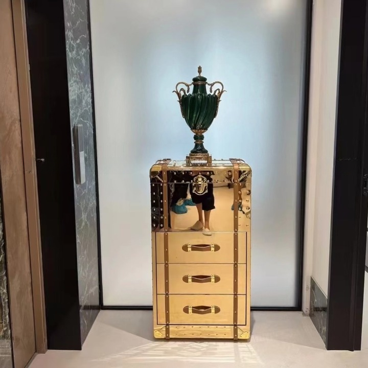 Gold Mirrored 3-Drawer Accent Cabinet with Flip-Top Storage