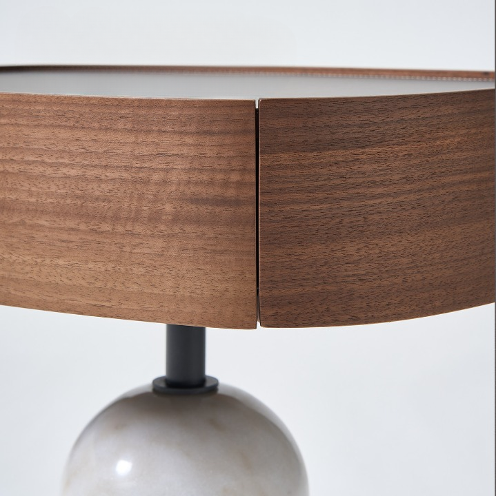 Modern Wood Nightstand with Marble Base, Italian Minimalist Bedside Table, Walnut Veneer and Leather Accent Side Table, Luxury Oval End Table for Bedroom, Living Room, Sofa Side