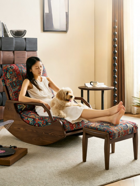 Solid Ash Wood Rocking Chair with Removable Upholstered Cushion, Adjustable Backrest Lounge Chair for Living Room, Bedroom, Reading Nook and Enclosed Balcony