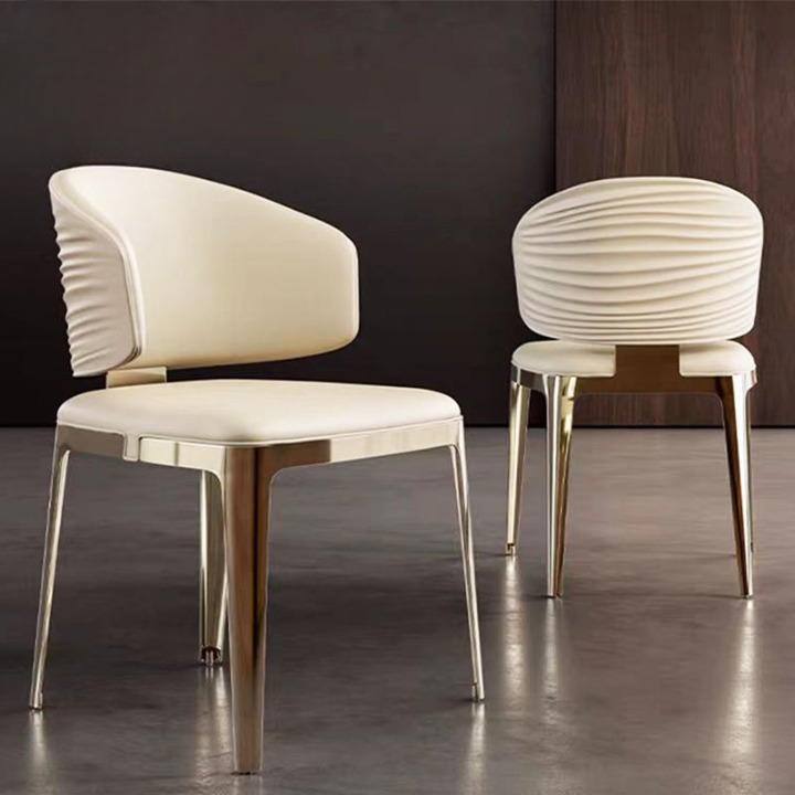 Cream Faux Leather Dining Chair with Pleated Back and Gold Metal Legs