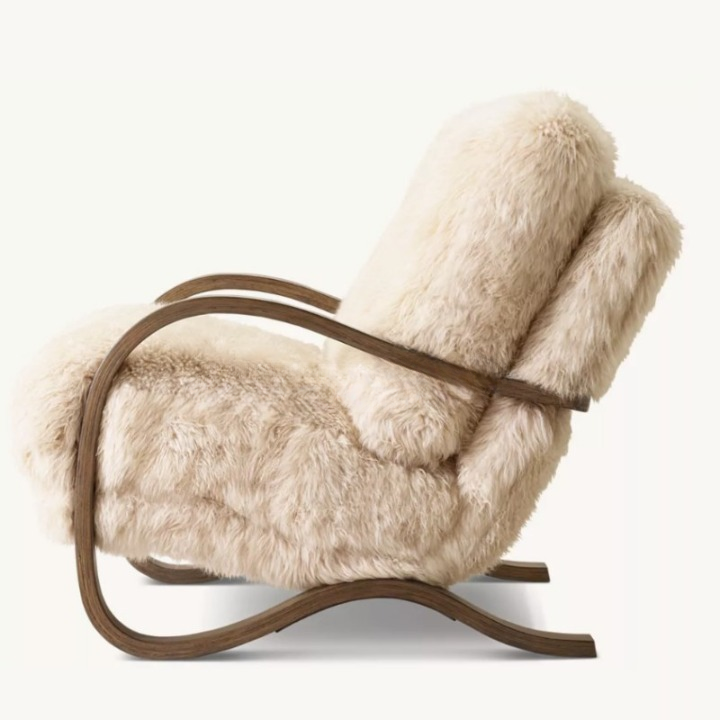 Faux Shearling Accent Chair with Curved Wood Arms, Plush Upholstered Lounge Chair for Living Room, Bedroom, Cafe, Hotel, Reading Nook, Cream