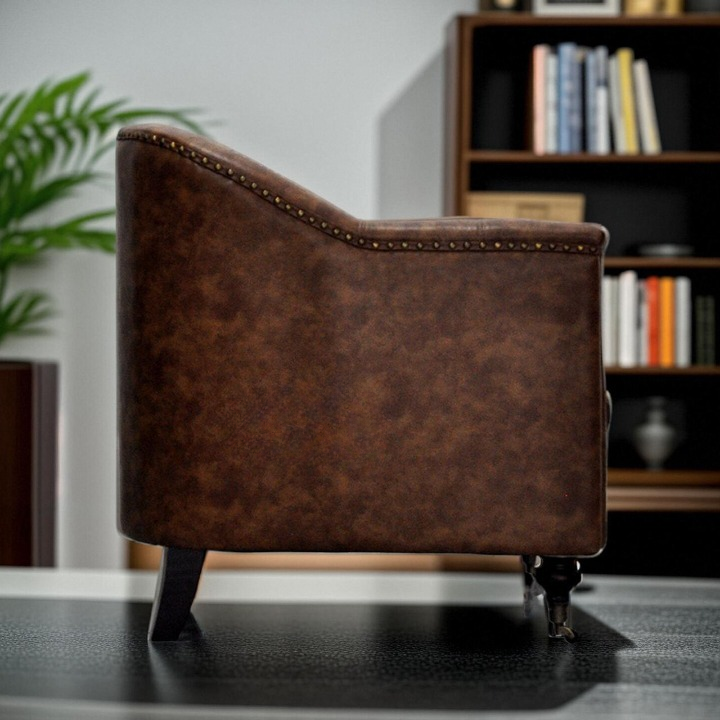 Brown Distressed Leather Club Chair, Vintage Tub Barrel Accent Chair with Nailhead Trim, Upholstered Single Sofa Armchair for Living Room, Bedroom, Office, Hotel Lobby