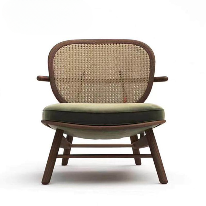 Rattan Cane Back Accent Chair, Solid Wood Lounge Chair with Green Cushioned Seat, Nordic Mid Century Modern Reading Chair, Low Profile Woven Back Armchair for Living Room Bedroom Balcony