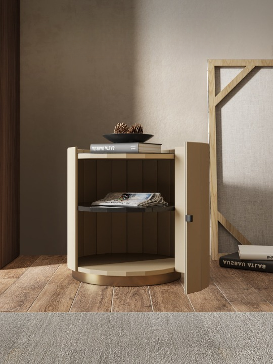 Round Leather Look Nightstand, Modern Bedside Table with Vertical Channel Design, Solid Wood Frame Accent Cabinet with Gold Tone Base for Bedroom, Guest Room, Apartment, and Small Spaces