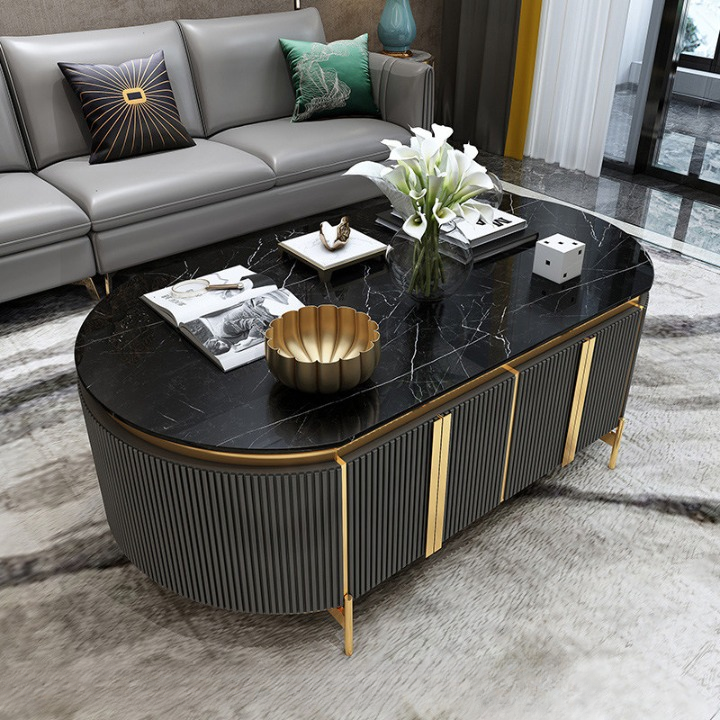 Oval Black Coffee Table with Storage, Faux Marble Top and Gold Frame