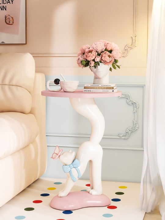 Pink Resin and Wood Cat Side Table, French Vintage Style Round Accent End Table with Bow Detail, Sculptural Kitten Pedestal Bedside Table for Bedroom, Living Room, Sofa Side and Nursery