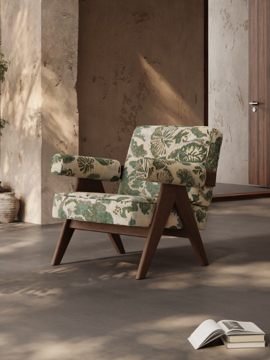 Green Botanical Accent Chair, Upholstered Lounge Armchair with Wood Frame, Mid Century Style Single Sofa Chair for Living Room, Bedroom, Balcony and Reading Corner