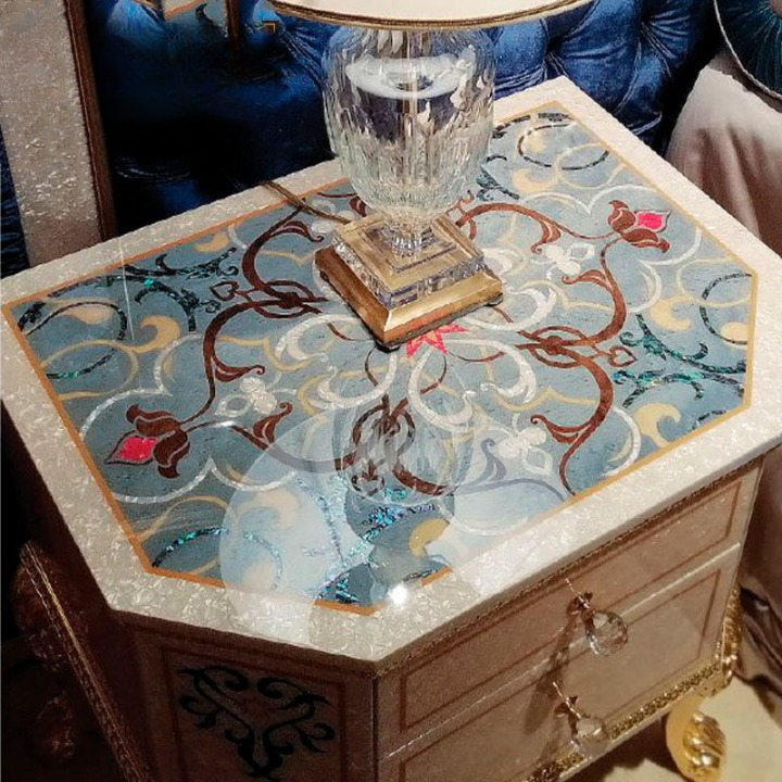 Ivory and Gold Solid Wood Nightstand, Decorative Shell Inlay 2-Drawer Bedside Cabinet with Ornate Carved Legs and Pearlized Top for Bedroom, Guest Room or Luxury Interior