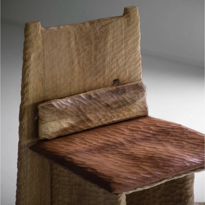 Natural Solid Wood Sculptural Dining Chair, Hand-Hewn Textured High-Back Side Chair with Carved Seat and Lumbar Support for Dining Room, Study, Living Room and Reading Corner