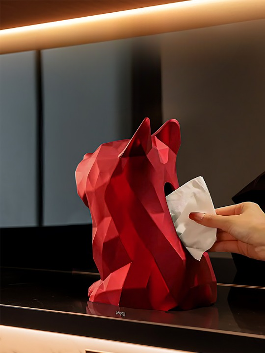 Red French Bulldog Tissue Box Cover, Geometric Dog-Shaped Facial Tissue Holder, Sculptural Napkin Dispenser for Living Room, Bathroom, Bedroom, Office and Coffee Table