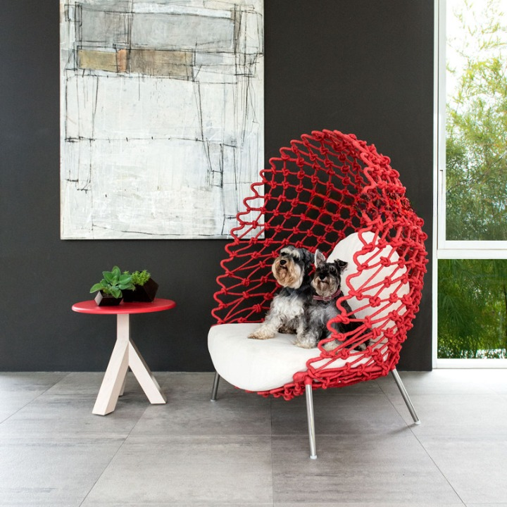 Red Outdoor Pod Lounge Chair, Woven Rope Accent Chair with Cushion, High Back Patio Nest Chair for Balcony, Garden, Villa, Hotel and Indoor Lounge Spaces