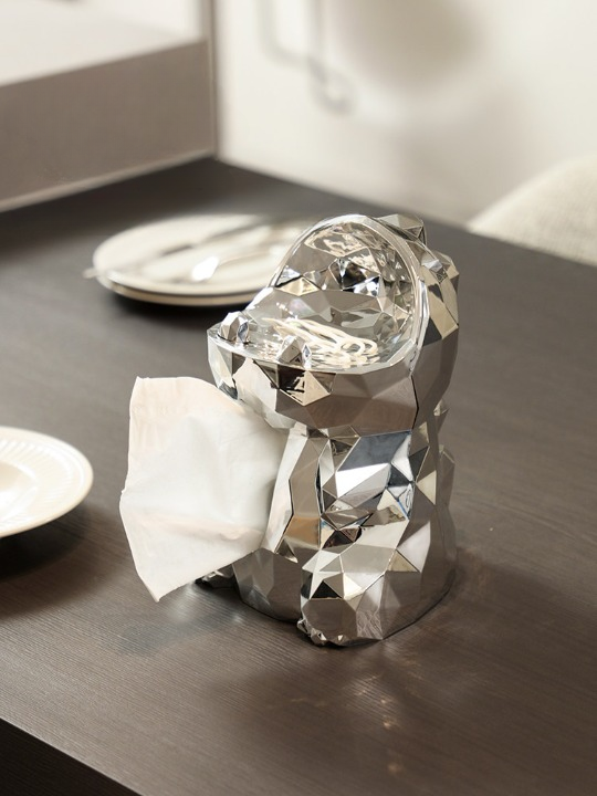 Silver Geometric Dinosaur Tissue Box Cover, Faceted Resin Facial Tissue Holder with Reflective Metallic Finish, Decorative Napkin Dispenser for Living Room, Bedroom, Bathroom, Office and Coffee Table