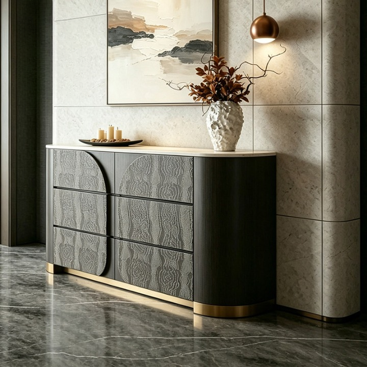 Modern Black Sideboard with 6 Drawers and Gold Accents, 55 Inch